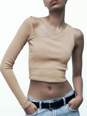 Zara One-Shoulder Asymmetric Crop Top in Tan